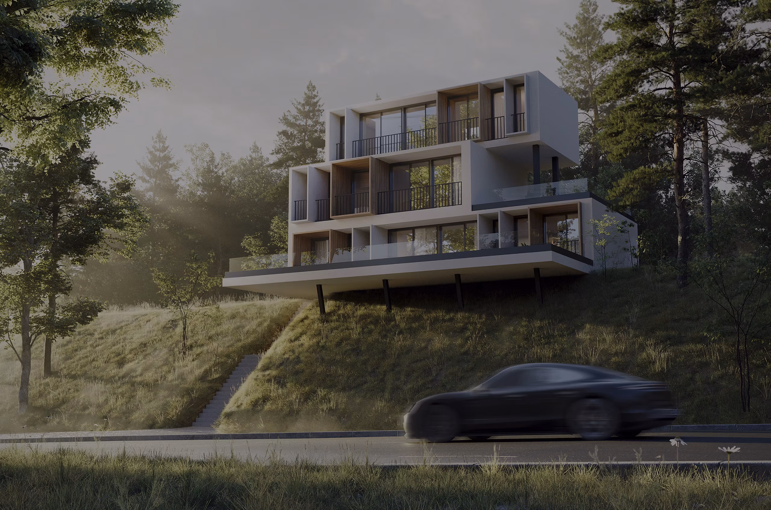Modern nature retreat exterior visualization
