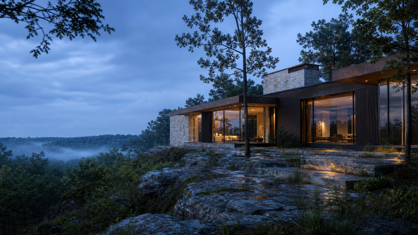 Conceptual limestone and dark timber residence on a wooded Tennessee ridge at blue hour