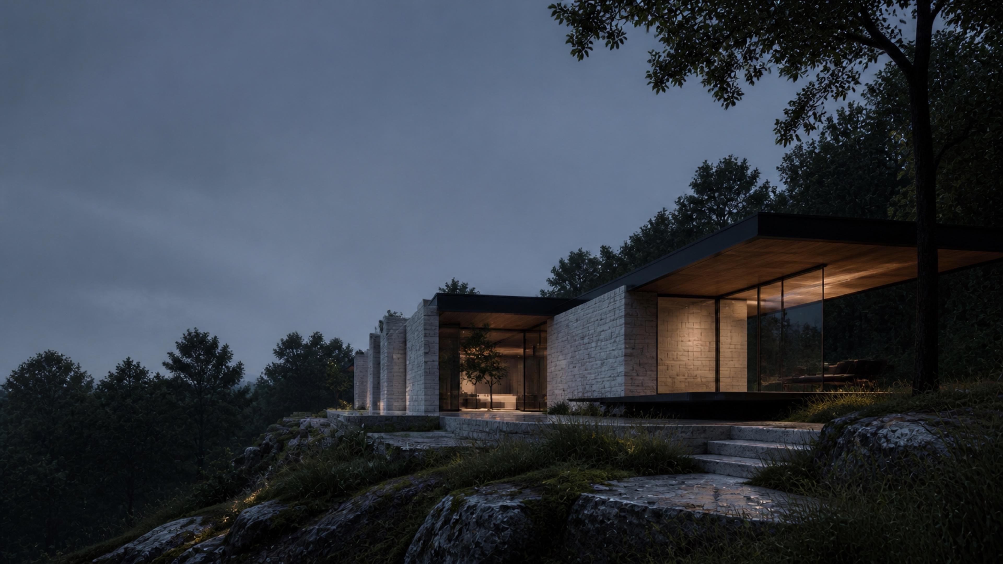 Sculptural limestone and glass residence composed as low pavilions in a Tennessee woodland