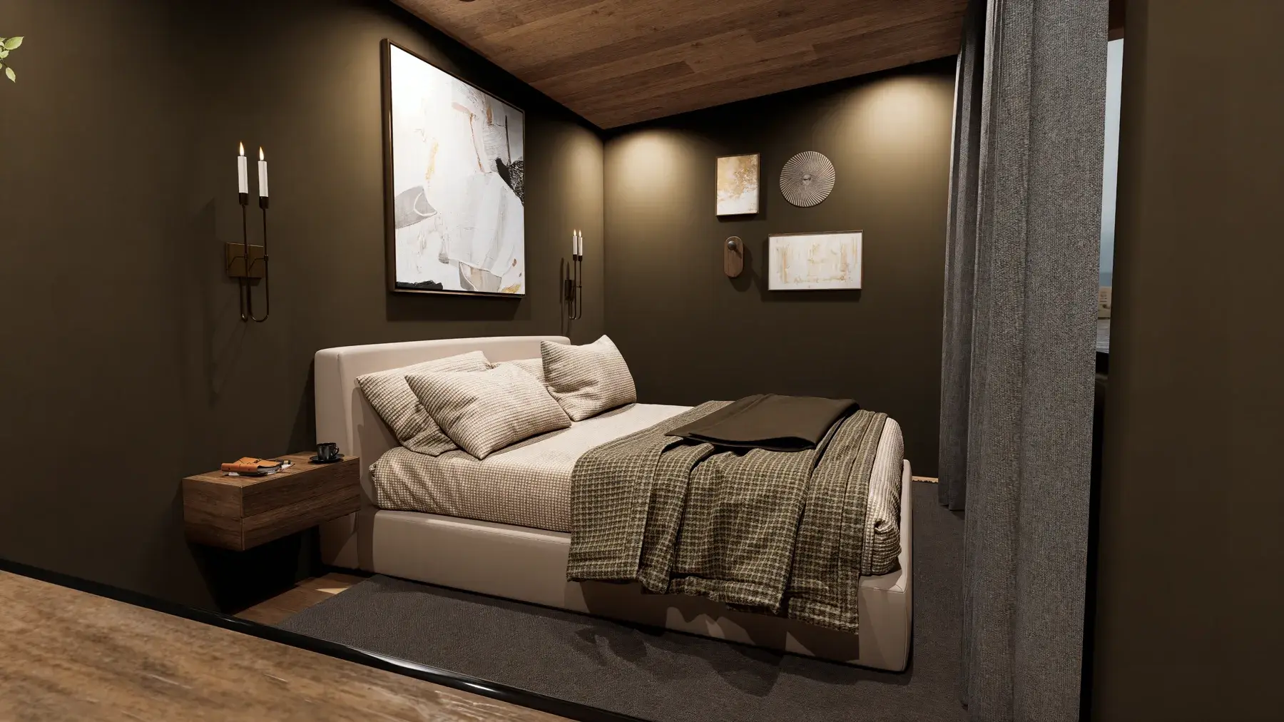 Lake house sleeping area framed by large windows and built-in millwork