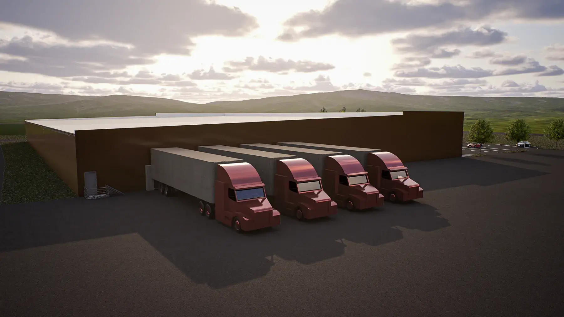 Commercial facility exterior visualization at sunset