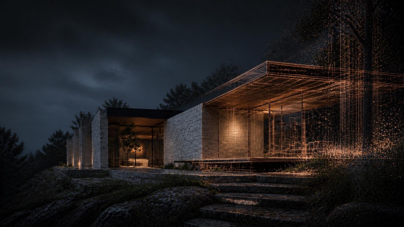 Conceptual residence transitioning from finished visualization into copper digital-twin geometry