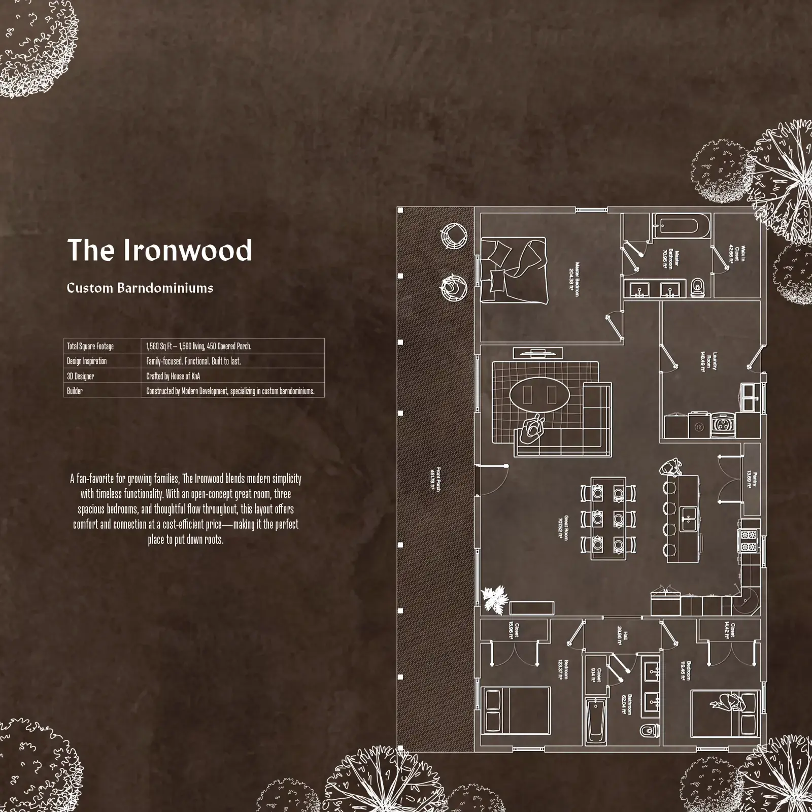 Ironwood barndominium floor plan and exterior rendering