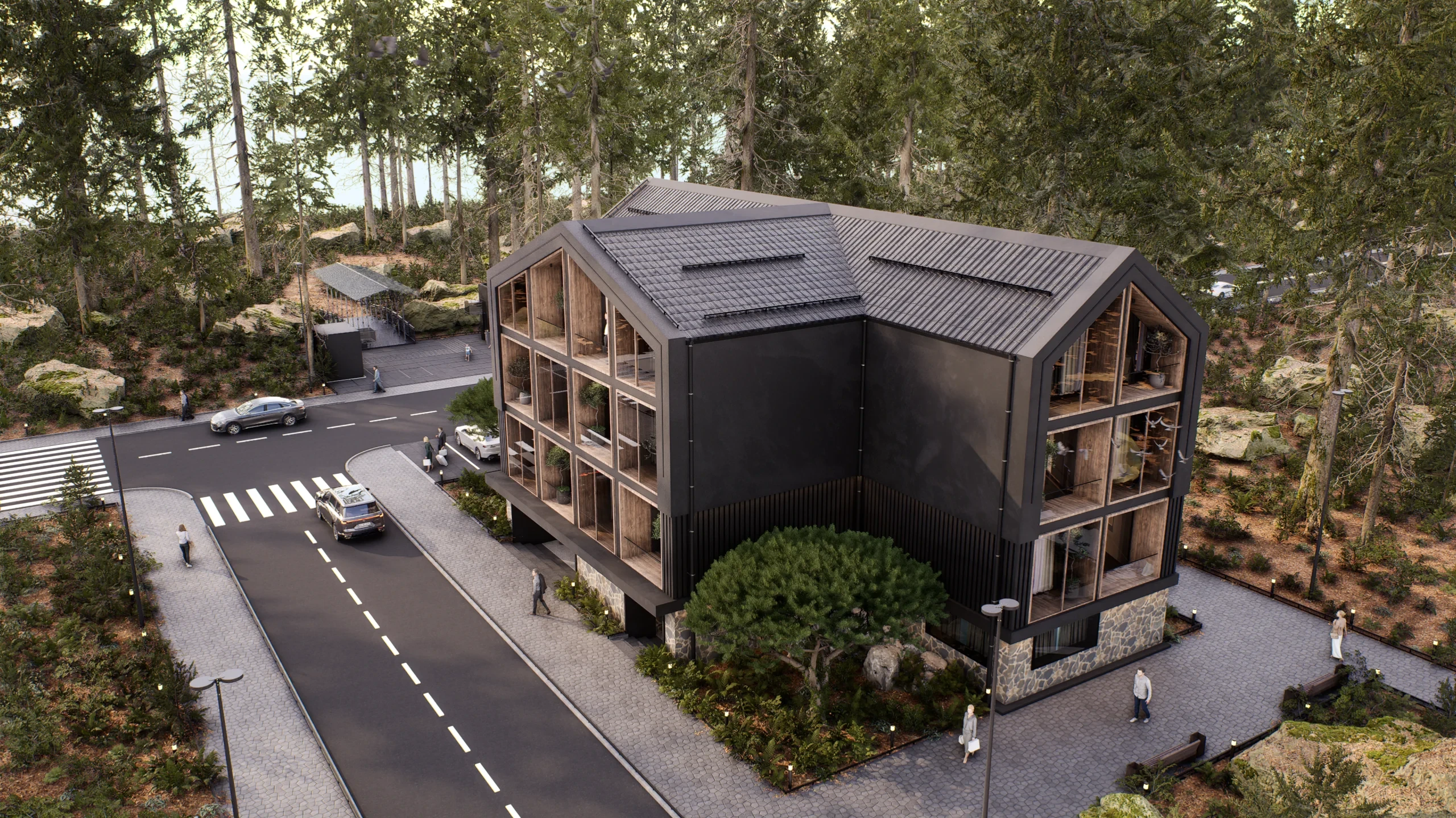 Aerial view of the forest hotel with the marble facade