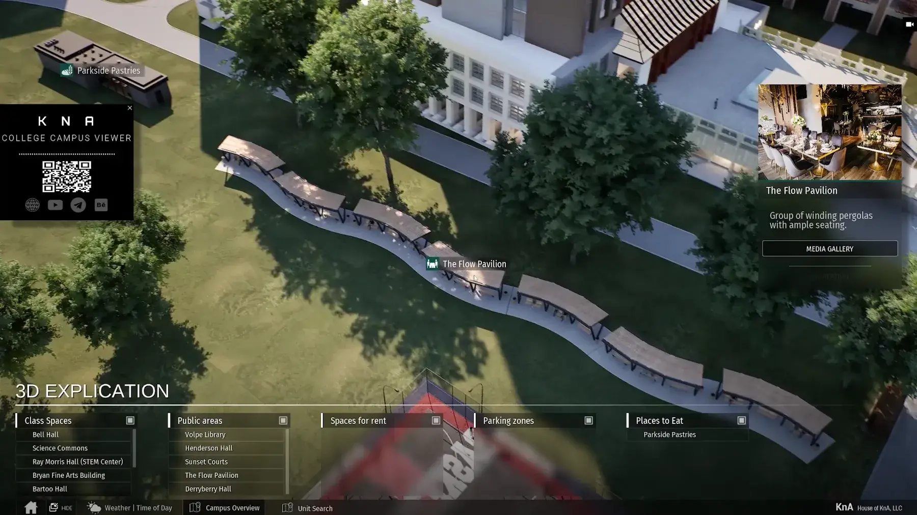 Interactive campus environment with building labels and destination controls